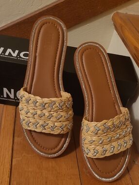 INC International Concepts Tan Braided Slide Sandals with Silver Beading